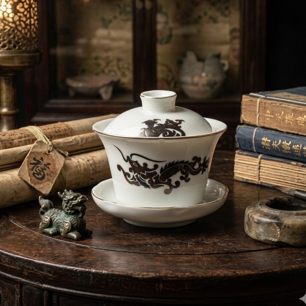 Vintage Chinese Porcelain Gaiwan Tea Set White Gold Rim‎ Dragon Calligraphy 3pc